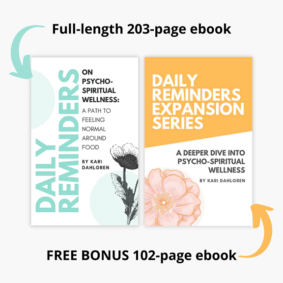 cover of "Daily Reminders" with arrow saying "full-length 203-page ebook" and cover of Expansion Series with arrow saying "FREE BONUS 102-page ebook"