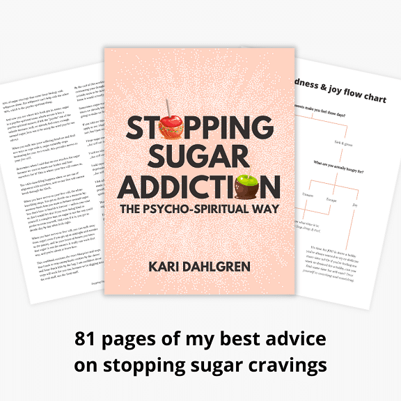 Cover of "Stopping Sugar Addiction the Psycho-Spiritual Way" with pages fanned out and text overlay saying "81 pages of my best advice on stopping sugar cravings"