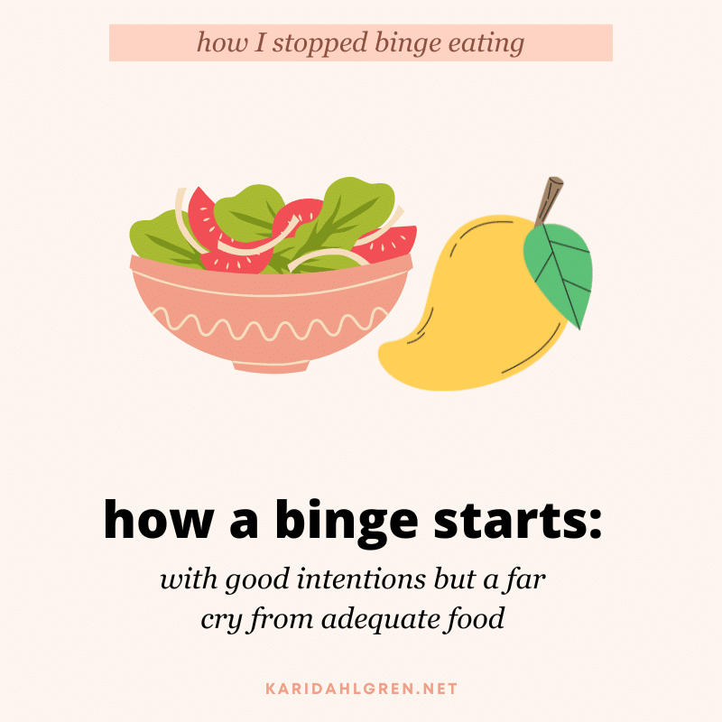 how I stopped binge eating: how a binge starts: with good intentions but a far cry from adequate food [image of salad and mango]