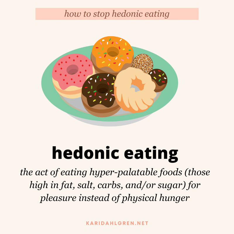 how to stop hedonic eating: hedonic eating: the act of eating hyper-palatable foods (those high in fat, salt, carbs, and/or sugar) for pleasure instead of physical hunger