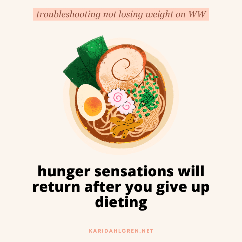 troubleshooting not losing weight on WW: hunger sensations will return after you give up dieting
