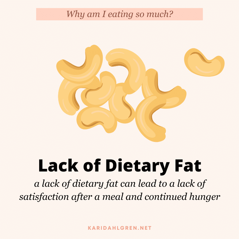 Why am I eating so much? Lack of dietary fat. a lack of dietary fat can lead to a lack of satisfaction after a meal and continued hunger
