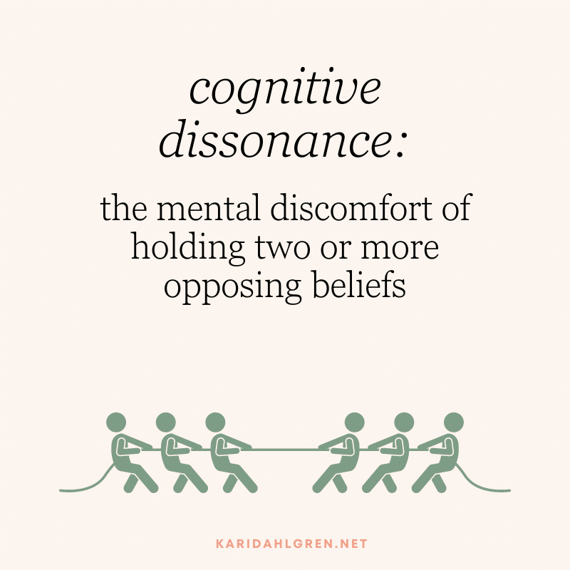 cognitive dissonance: the mental discomfort of holding two or more opposing beliefs