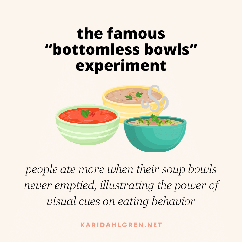 the famous “bottomless bowls” experiment: people ate more when their soup bowls never emptied, illustrating the power of visual cues on eating behavior