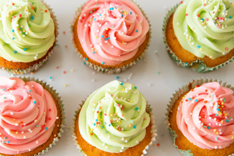 cupcakes with pink and green frosting