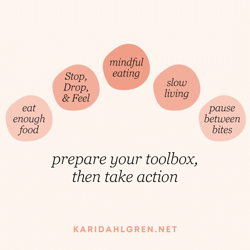 5 paint blobs artfully labeled as eat enough food; Stop, Drop, & Feel; mindful eating; slow living; pause between bites. Caption: prepare your toolbox, then take action