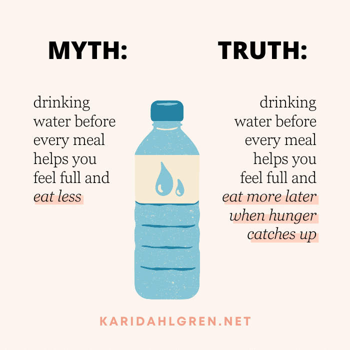 myth: drinking water before every meal helps you feel full and eat less. truth: drinking water before every meal helps you feel full and eat more later when hunger catches up