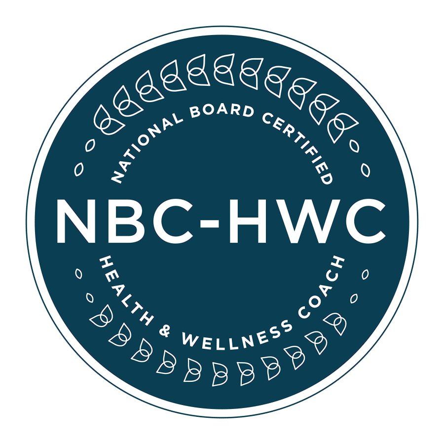 Official NBC-HWC badge that says "National Board Certified Health & Wellness Coaching, NBC-HWC"